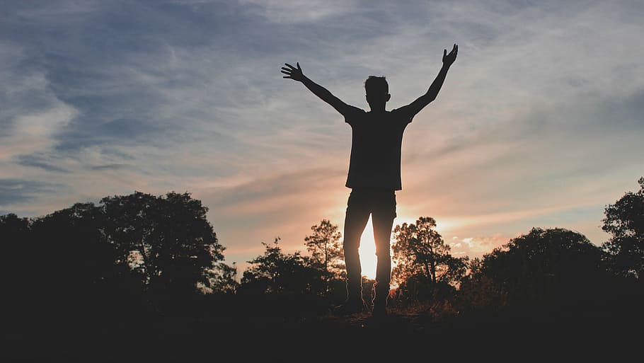 backlit, dawn, dusk, person, silhouette, sky, human arm, sunset HD wallpaper