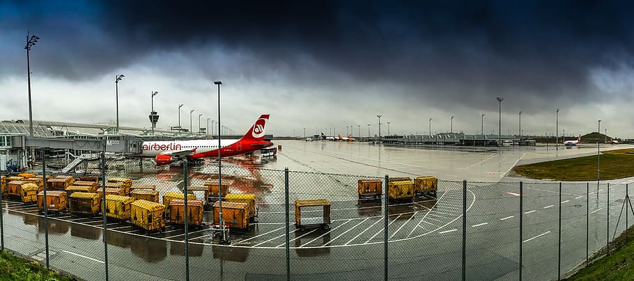 airport runway under dark cloudy sky, munich airport, airberlin, HD wallpaper