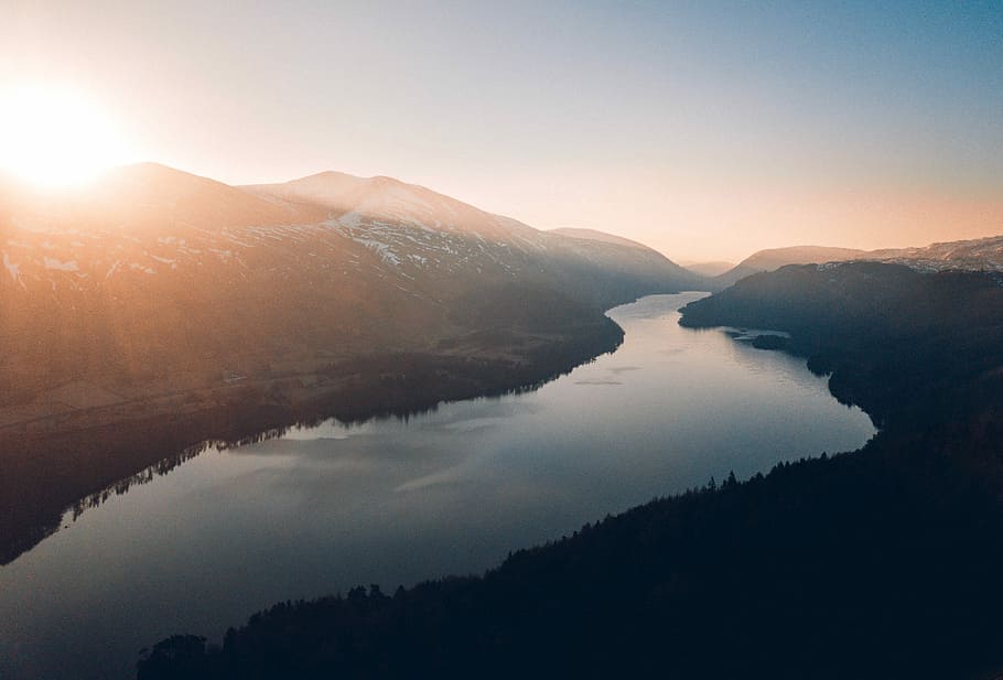 lake between trees and mountains, untitled, river, sun, sky, silhouette HD wallpaper