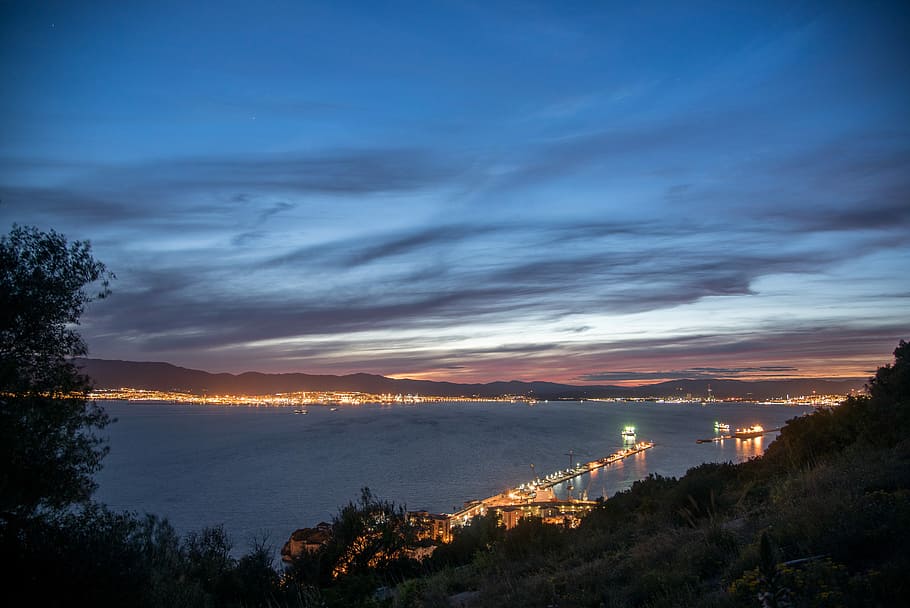 Sunset, Gibraltar, Algeciras, Boats, ships, sky, clouds, dusk, HD wallpaper