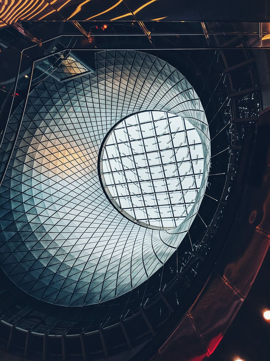 structural shot of ceiling, low-angle view of glass roof, dome HD wallpaper