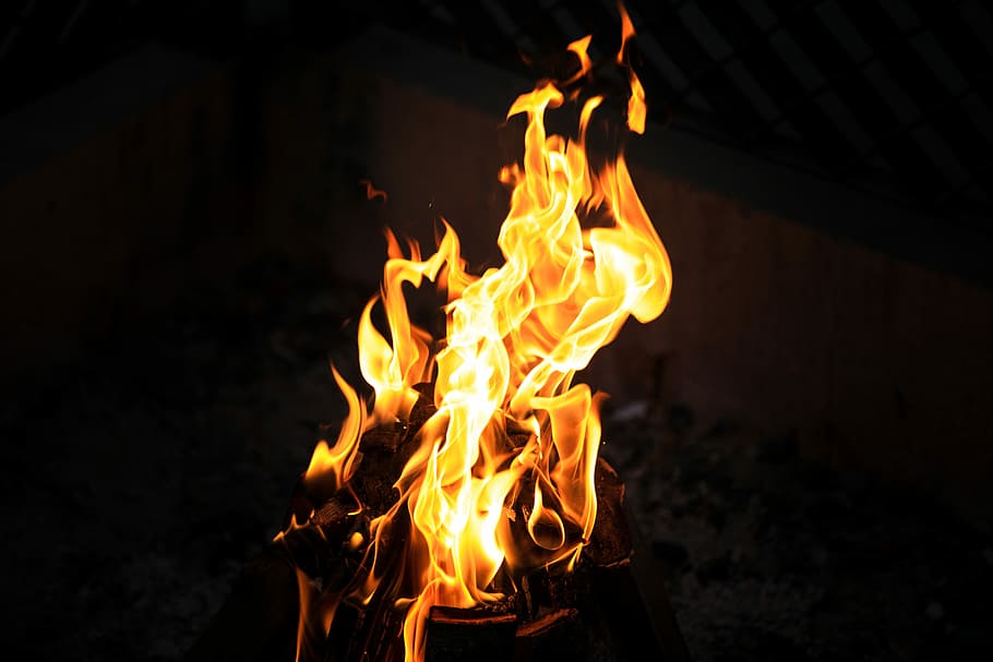 fire photo, red and black bonfire, flame, night, dark, burning HD wallpaper