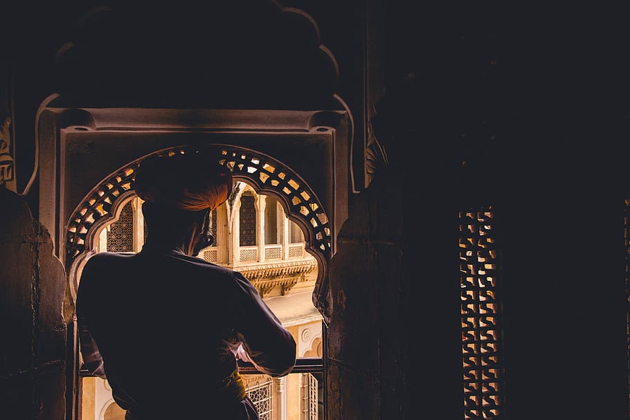 painting of man looking on window, portrait, old, view, window, vintage, turban HD wallpaper