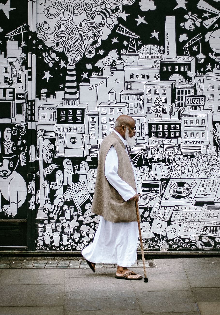 people, man, old, beard, cane, wall, street, sidewalk, paint HD wallpaper