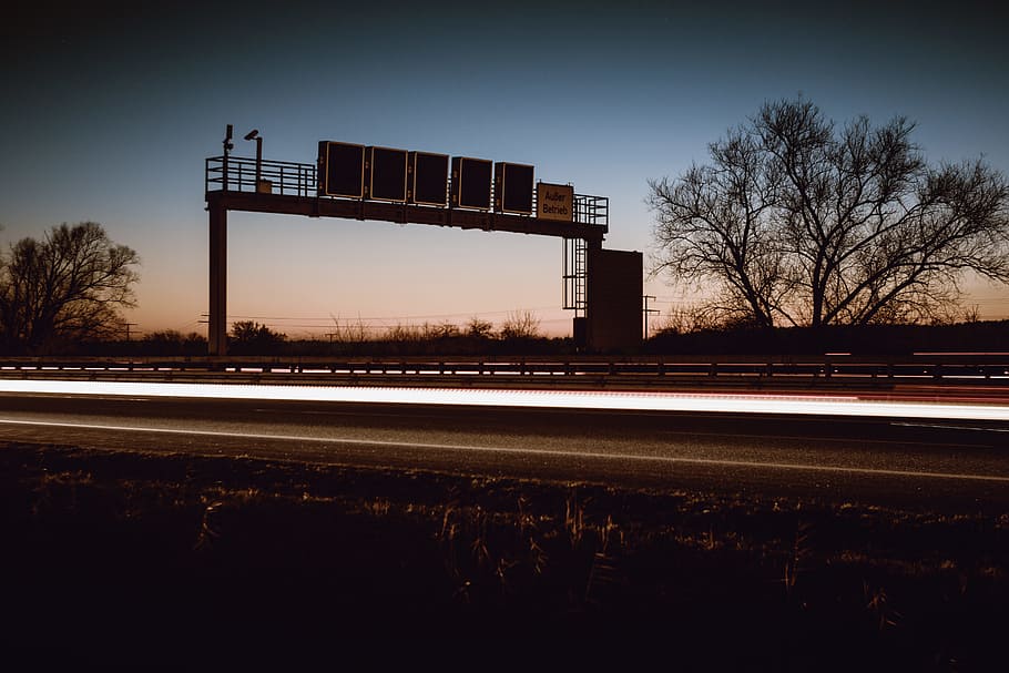 road, lights, trees, blur, dusk, highway, long-exposure, outdoors HD wallpaper