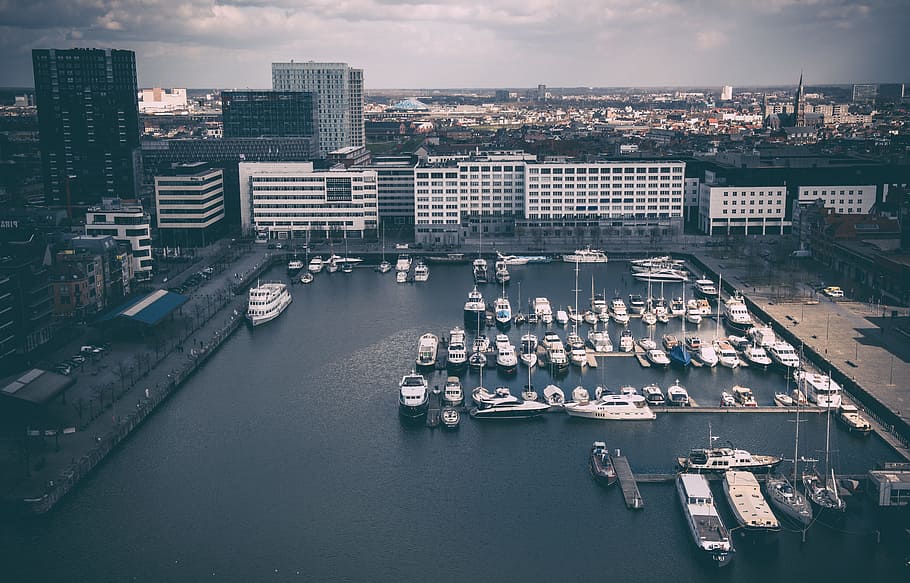 areal view of shipyard photo, aerial photograph of high rise building HD wallpaper