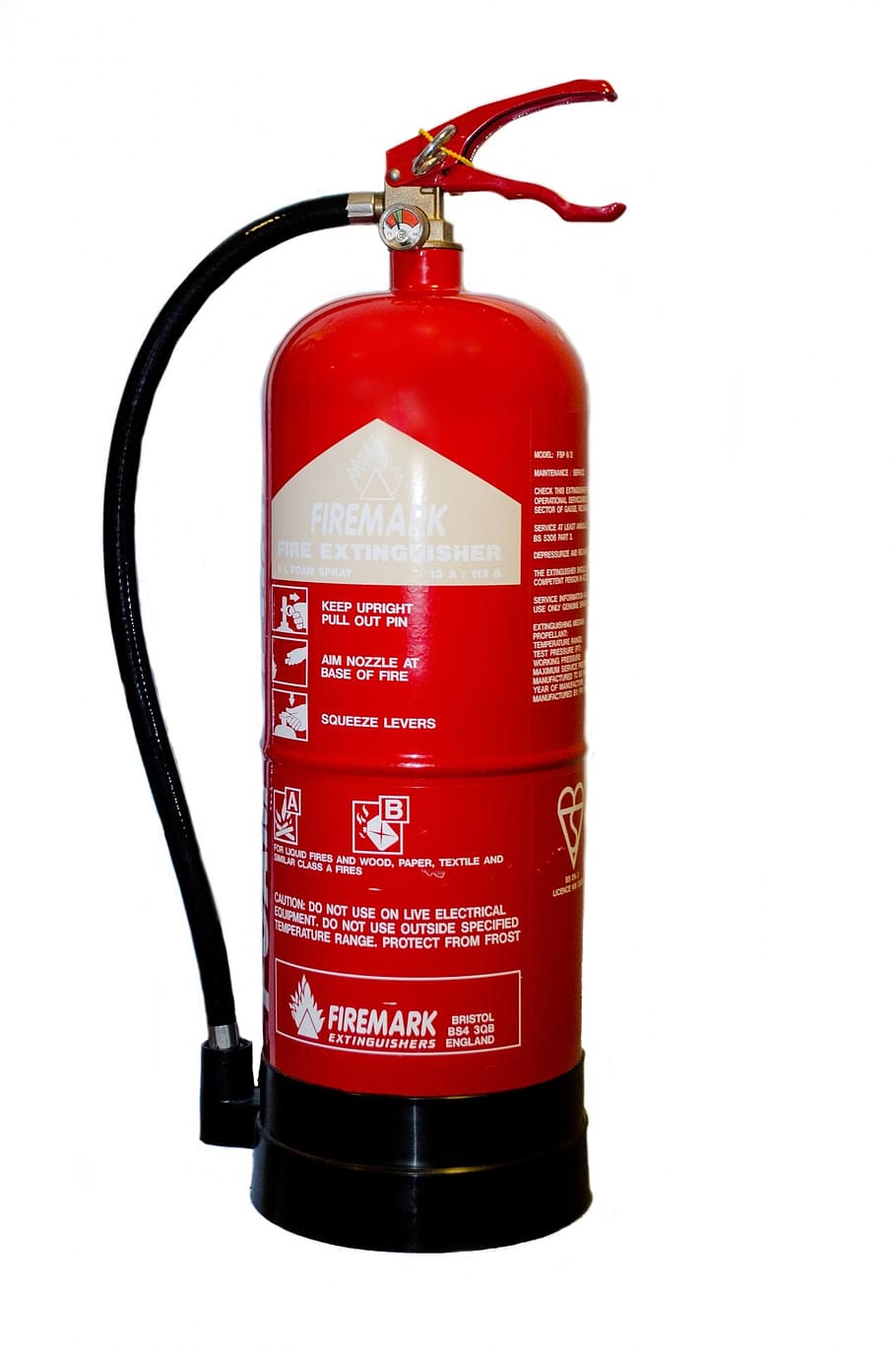 red and black Firemark fire extinguisher on white surface, alarm