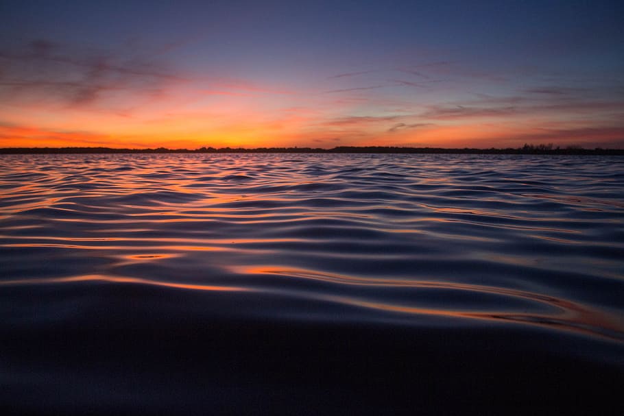 body of water during golden hour landscape photography, body of water under blue sky at golden hour, HD wallpaper