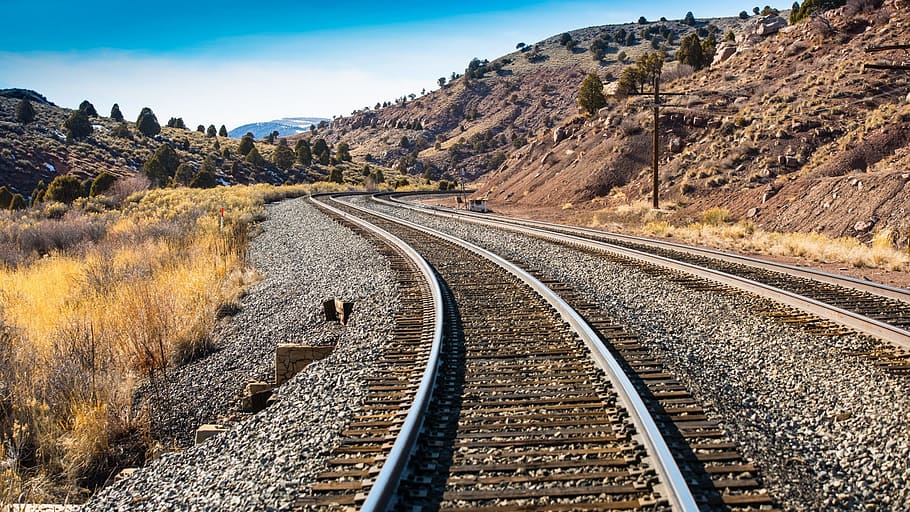 railway, track, mountain, valley, trees, plant, grass, nature HD wallpaper