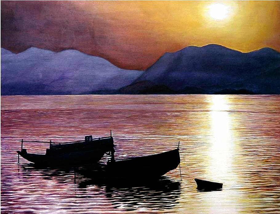 Tolo Harbour with Acrylic Paints, canos, landscape, ocean, public domain