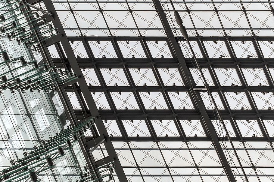glass, windows, ceiling, building, architecture, design, beams HD wallpaper