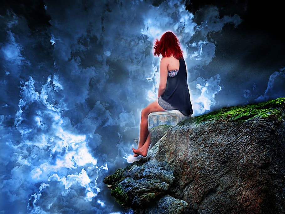 girl seating on brown mountain cliff, woman, sky, rock, composing HD wallpaper