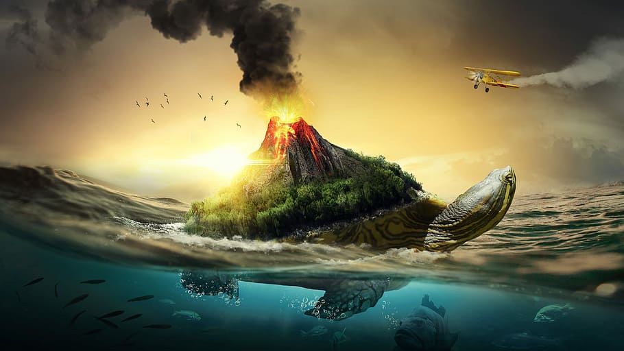 turtle island wallpaper, sea, volcano, sunset, fish, nature HD wallpaper