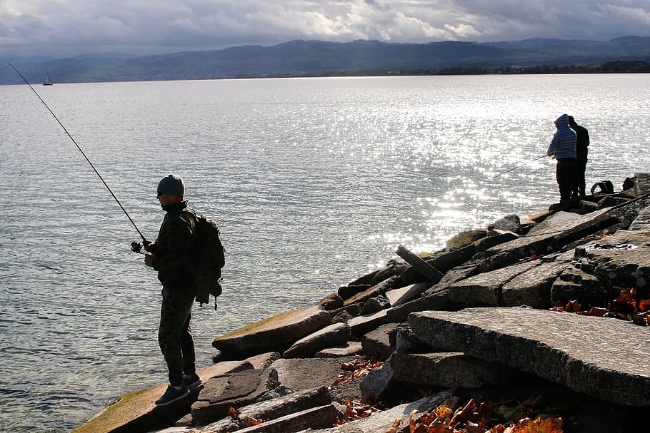 fishing, cloudy, peace of mind, lake, rock, beach, the horizon, HD wallpaper