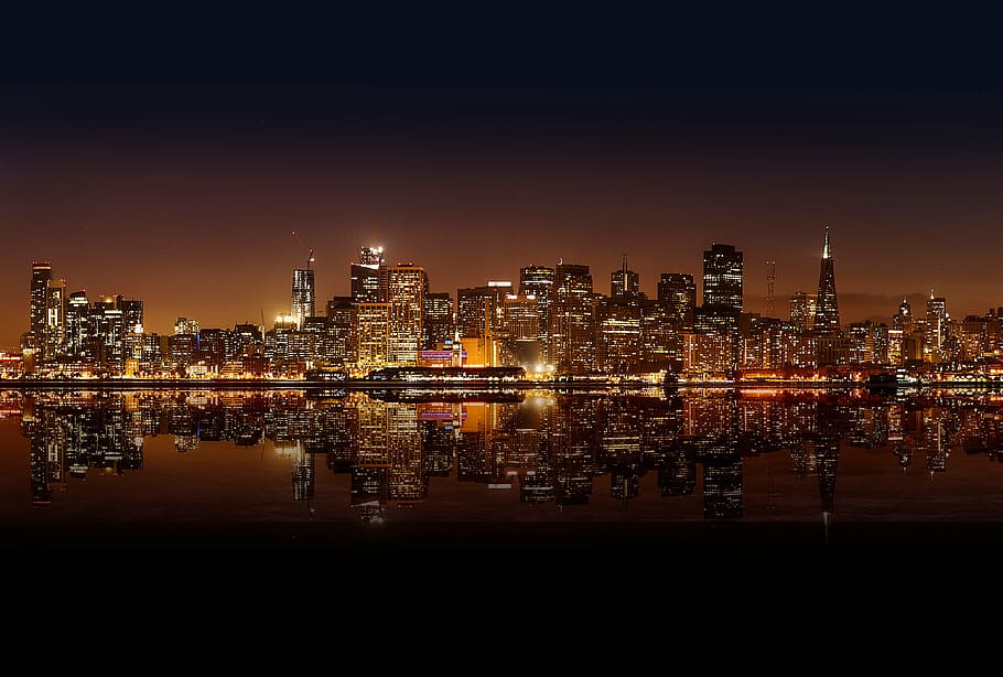 cityscale placed on body of water, building, light, nighttime, HD wallpaper
