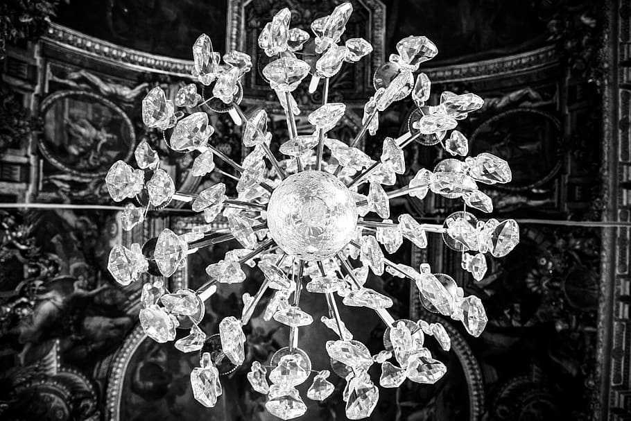 grayscale photography of crystal stone chandelier, light, interior HD wallpaper