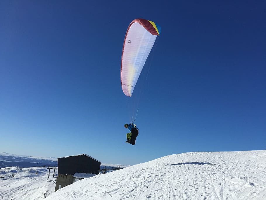 åre, paragliding, fells, sports, snow, himmel, blue sky, winter, HD wallpaper