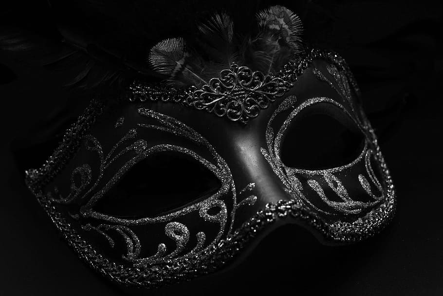 grayscale photo of silver studded masquerade, mask, carnival, HD wallpaper