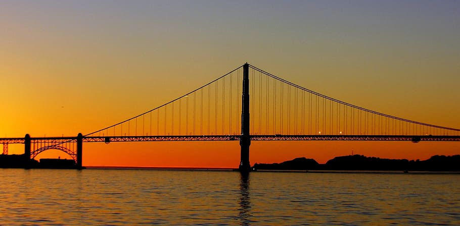 gray concrete bridge at golden hour, golden gate bridge, sunset HD wallpaper