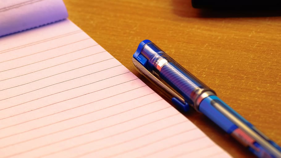 blue ballpoint pen beside white ruled-paper, notepad, business HD wallpaper