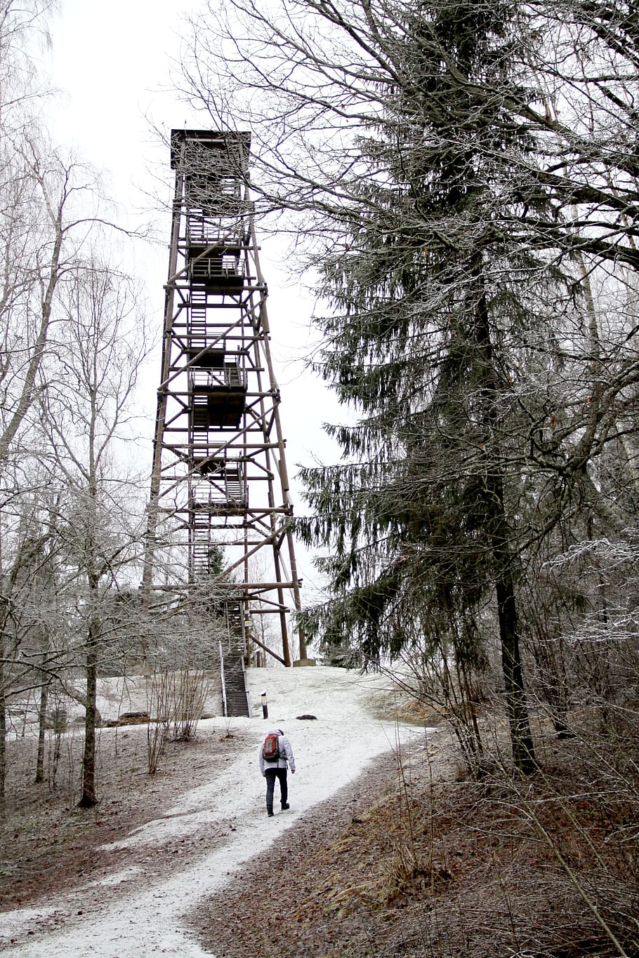winter, snow, cold, forest, up, man, tower, building, landscape HD wallpaper