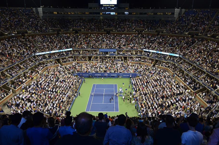 aerial photo of crowd watching tennis game inside stadium, tennis court