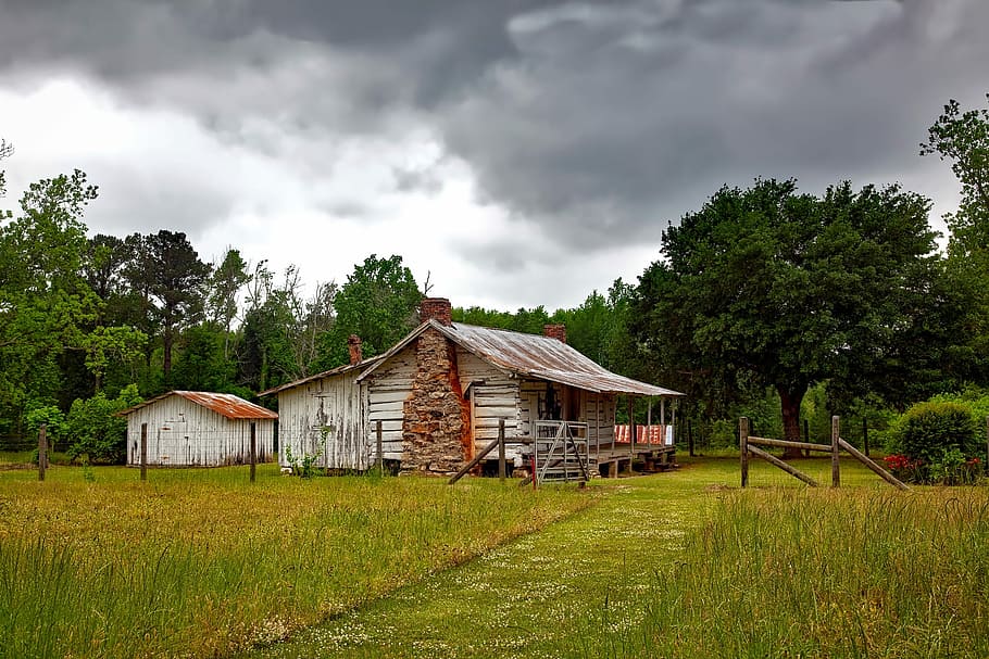 Alabama, Landscape, Farm, Rural, farmhouse, cottage, log cabin, HD wallpaper