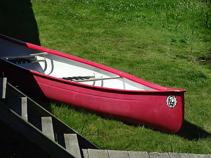 boot, pier, bodden, rowing boat, red, grass, plant, land, day HD wallpaper