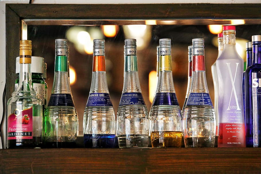 bottle, beverage, drink, display, bar, blur, container, refreshment HD wallpaper