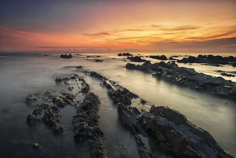 sea, nature, sunset, beach, ocean, rocks, stones, sunrise, water HD wallpaper