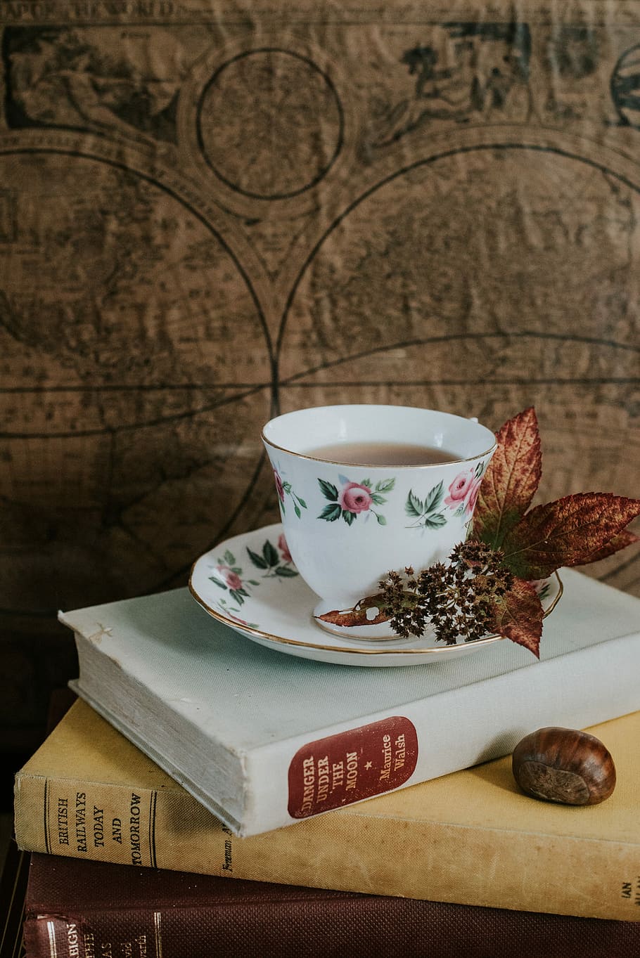 white and pink floral ceramic cup on book, tea, tea cup, autumn HD wallpaper