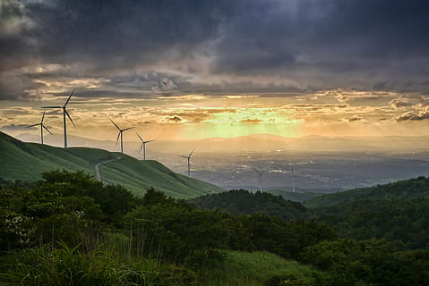 green trees near windmill under cloudy sky, wind power generation HD wallpaper