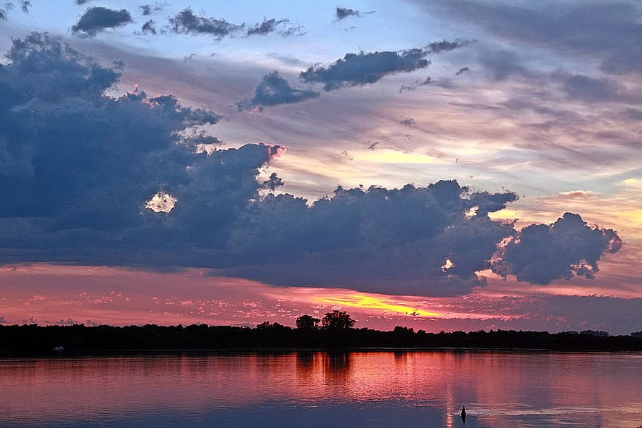 Coloured, Water, Reflection, Bird, Pond, sunset, sky, clouds HD wallpaper