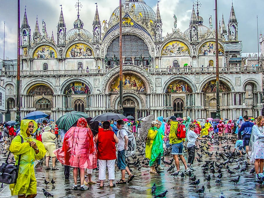 people wearing raincoat, venice, italy, weather, cathedral, san marcos, HD wallpaper