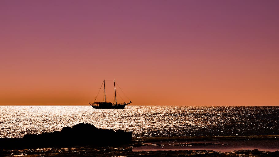 sunset, boat, colors, coast, sea, landscape, beach, evening HD wallpaper