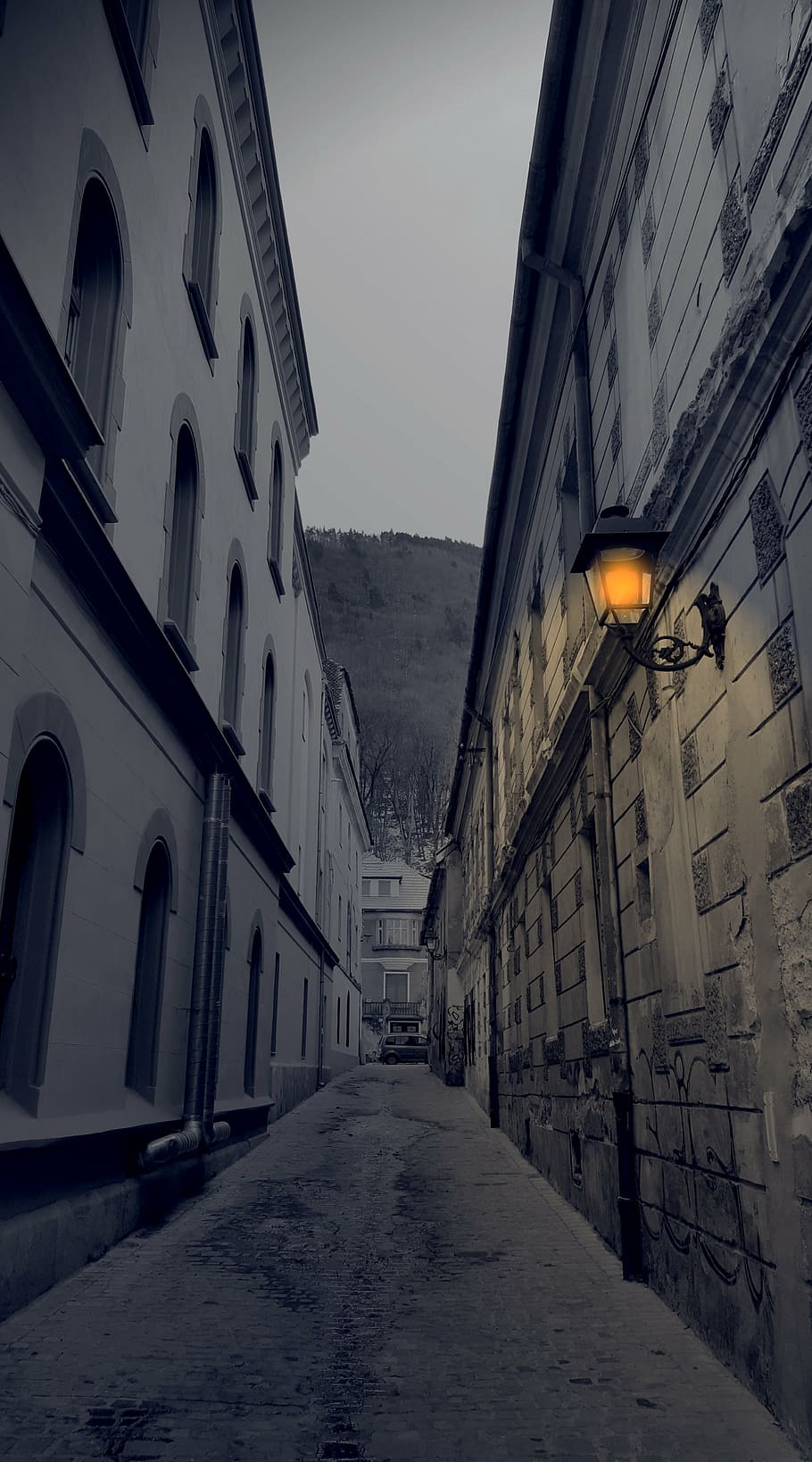 pathway between concrete house, lantern, city, narrow street, HD wallpaper
