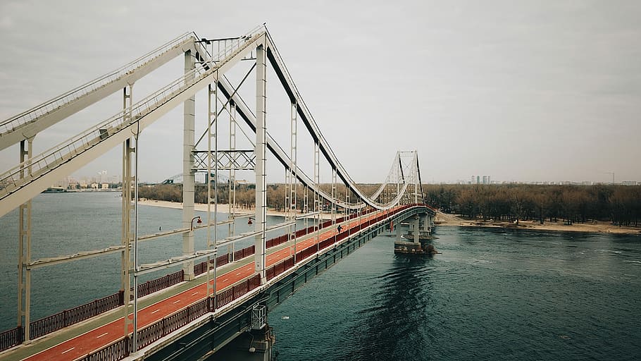 Bridge, white suspension bridge, river, architecture, city, path HD wallpaper