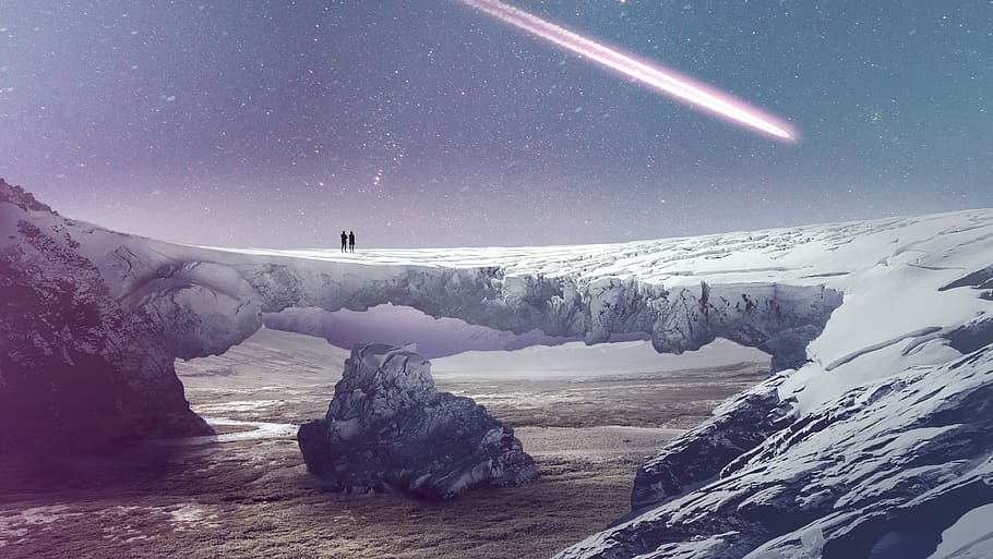 two people standing on snow coated bridge, future, stars, star ship, HD wallpaper