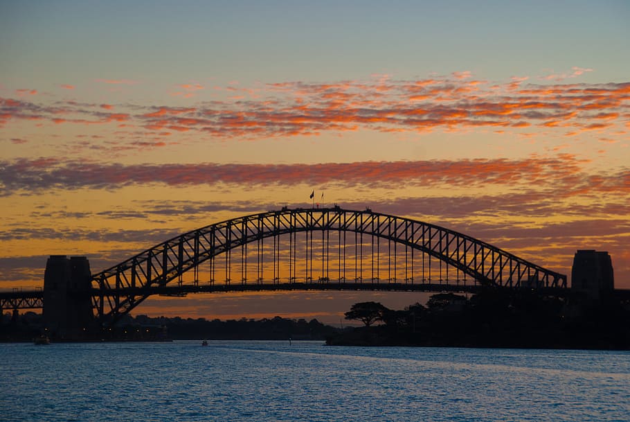 bridge, sunset, landscape, architecture, sea, sydney, peaceful HD wallpaper