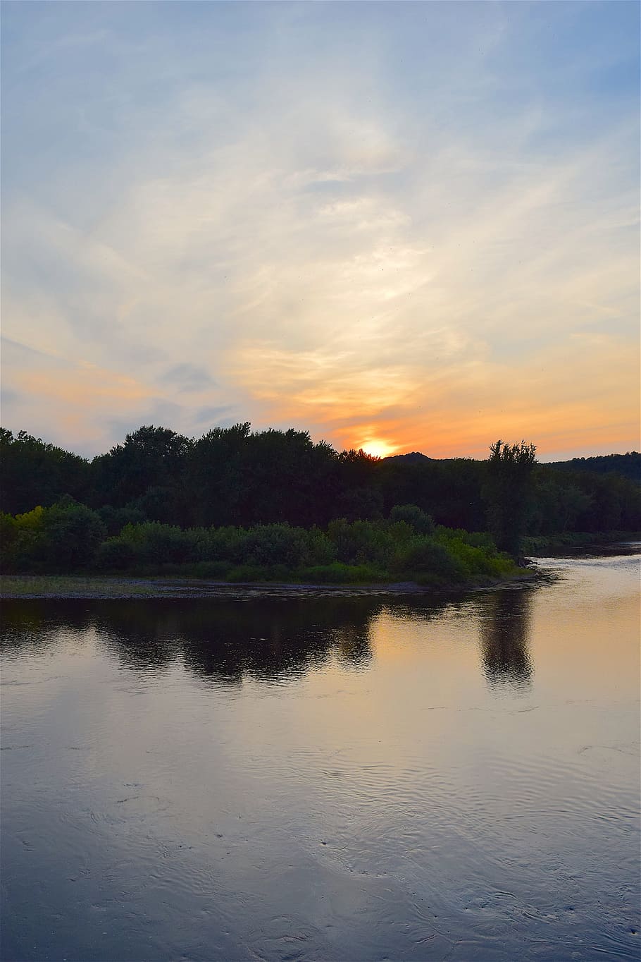 river, sunset, trees, park, water, landscape, nature, forest HD wallpaper