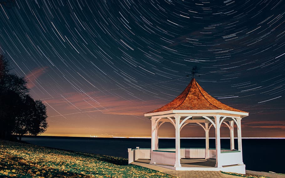 beach, coast, gazebo, night, ocean, sea, time lapse, nature HD wallpaper