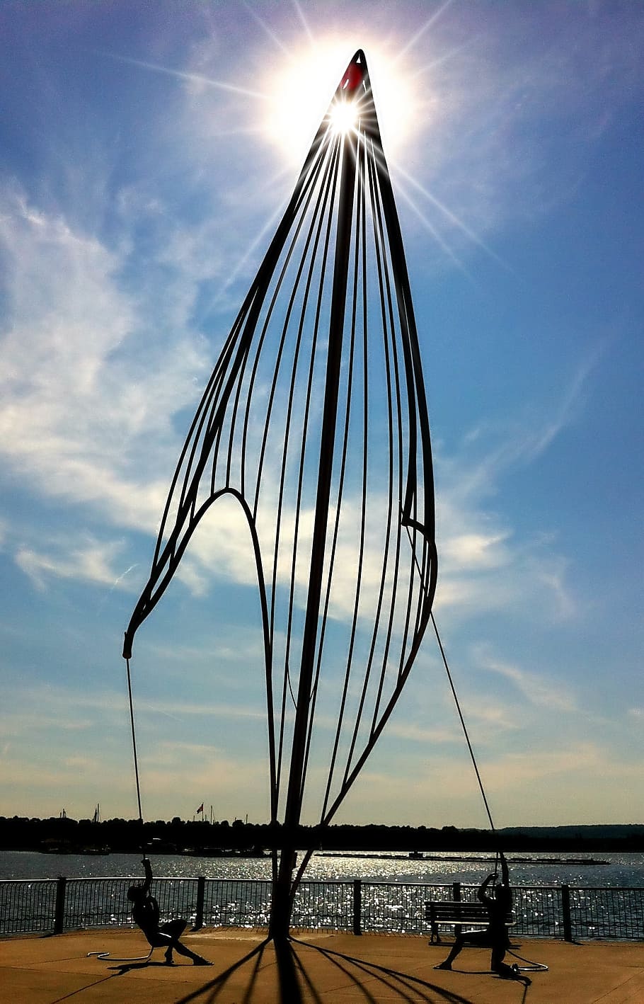 Statue, Sail, Rays, Circle, Shapes, art, sky, water, cloud - sky HD wallpaper