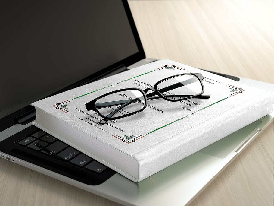 black framed eyeglasses on book, laptop, macbook, technology HD wallpaper