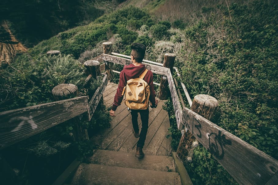 man in red jacket, descent, descend, hike, backpack, backpacker HD wallpaper