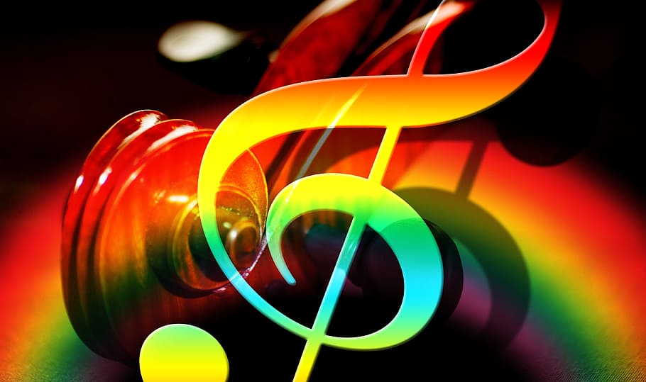 rainbow color musical note illustration, violin, listen, sound