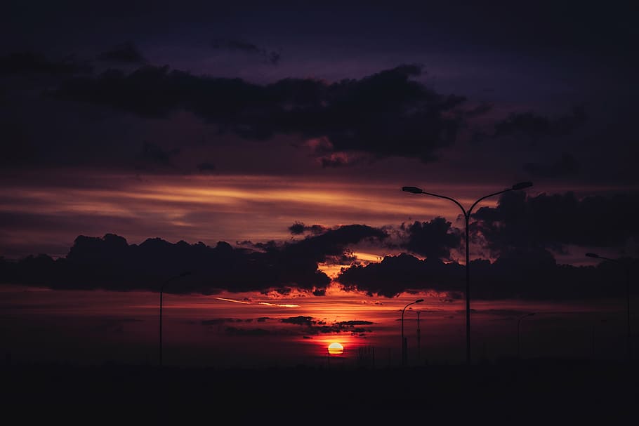 sunset under cloudy sky, clouds, dark, silhouette, night, cloud - sky HD wallpaper