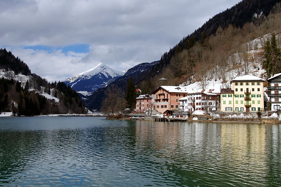 Alleghe, Lake, Dolomites, Veneto, belluno, italy, alps, snow, HD wallpaper