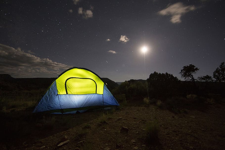 blue and green dome tent under clear night sky, camping, recreation