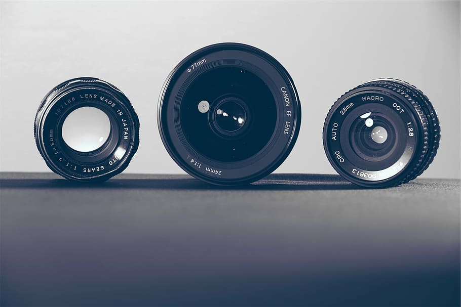 black 3-piece camera lens set, three, lenses, photography, technology HD wallpaper
