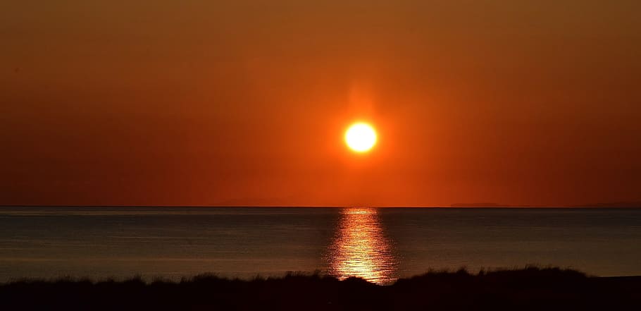 sunset with sea, sunrise, red, orange, mood, water, wave, mirroring HD wallpaper